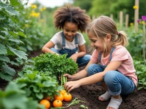 Kids harvesting vegetables from the garden